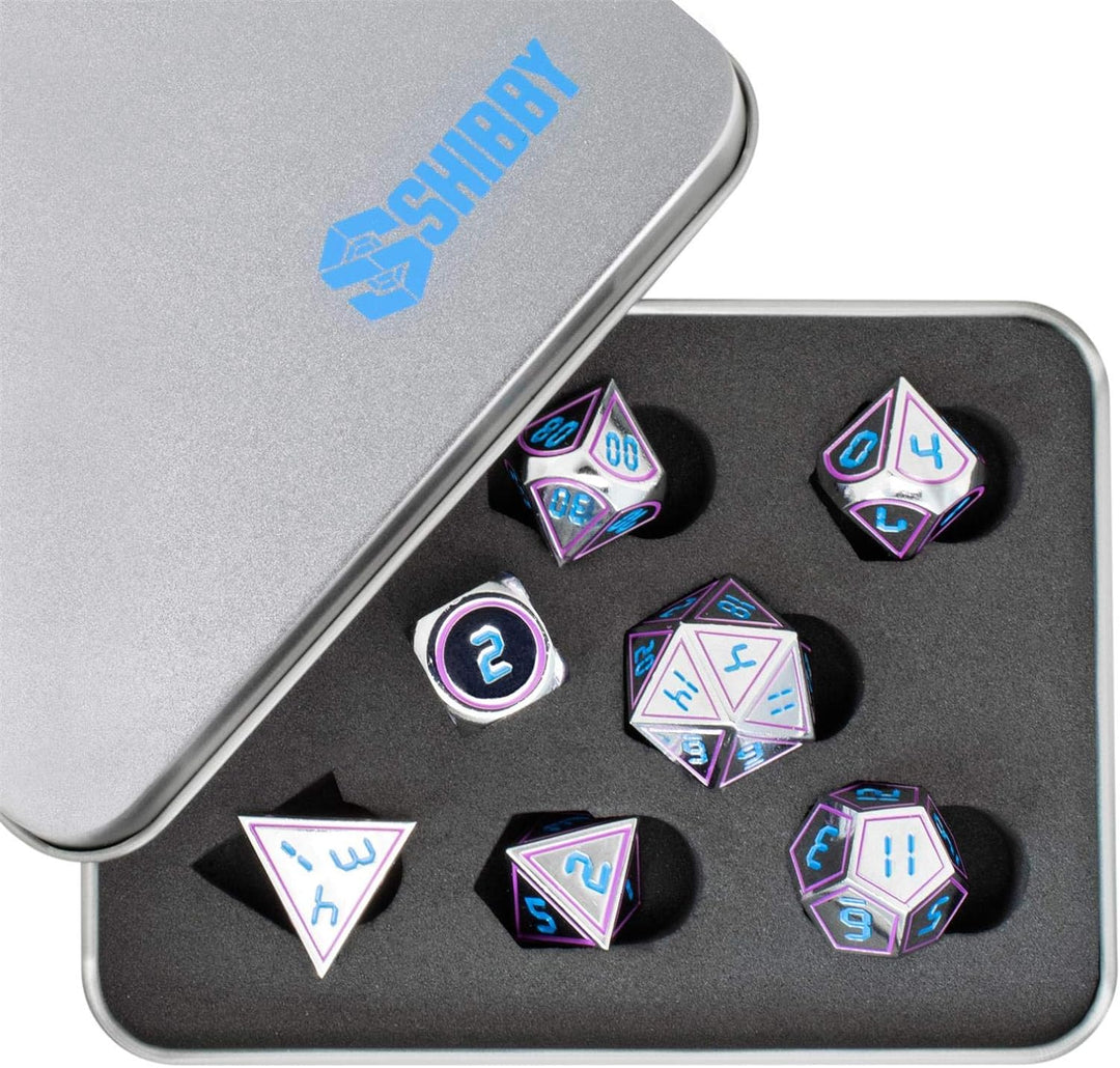 shibby 7 polyedrische Metall-Würfel für Rollen- und Tabletopspiele in Digital Optik D2 inkl. Aufbewa