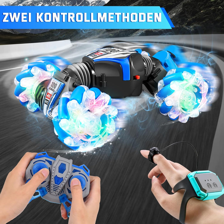 Herenear Ferngesteuertes Auto mit Handsteuerung, 4WD 2.4GHz RC Stunt Car mit Licht und Sprühen, 360°