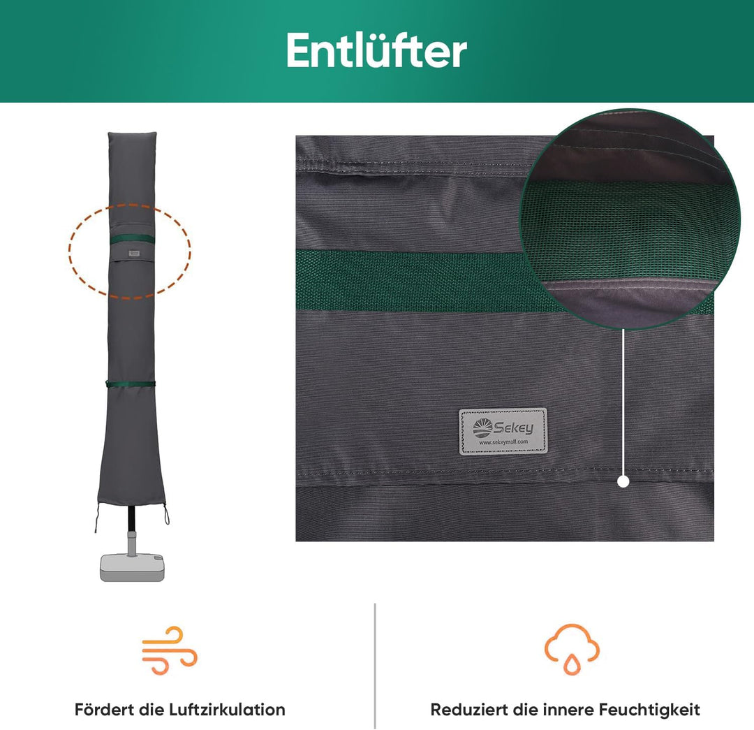 Sekey Sonnenschirm Schutzhülle mit Stab, Abdeckhauben für Ø 350cm / 200x300cm Gartenschirm mit Belüf