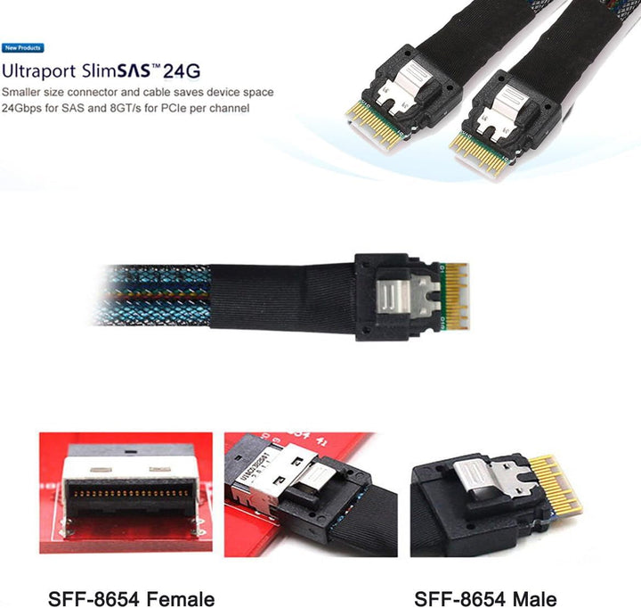 Cablecc PCI-E Slimline SAS 4.0 SFF-8654 4i 38pin Host auf SFF-8654 Slim SAS Zielkabel, 40 cm Black S