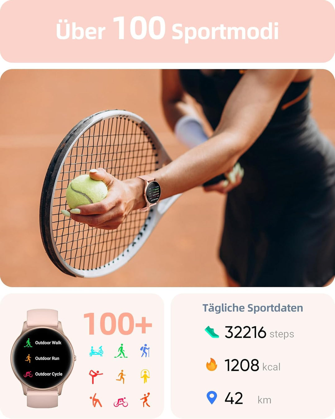 Parsonver Smartwatch Damen mit Telefonfunktion, Fitness-Tracker mit Herzfrequenz Schlafmonitor, 1.32