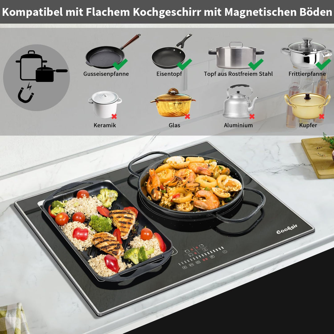 Cooksir Induktionskochfeld mit Rahmen, 60cm Einbau Kochfeld 3 Platten, 6800W, Flex Zone für Grill, K
