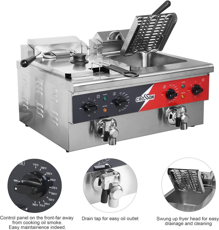 CROSSON Elektrische Fritteuse mit zwei Tanks, Abfluss, festem Korb und Deckel für den Restaurant- un