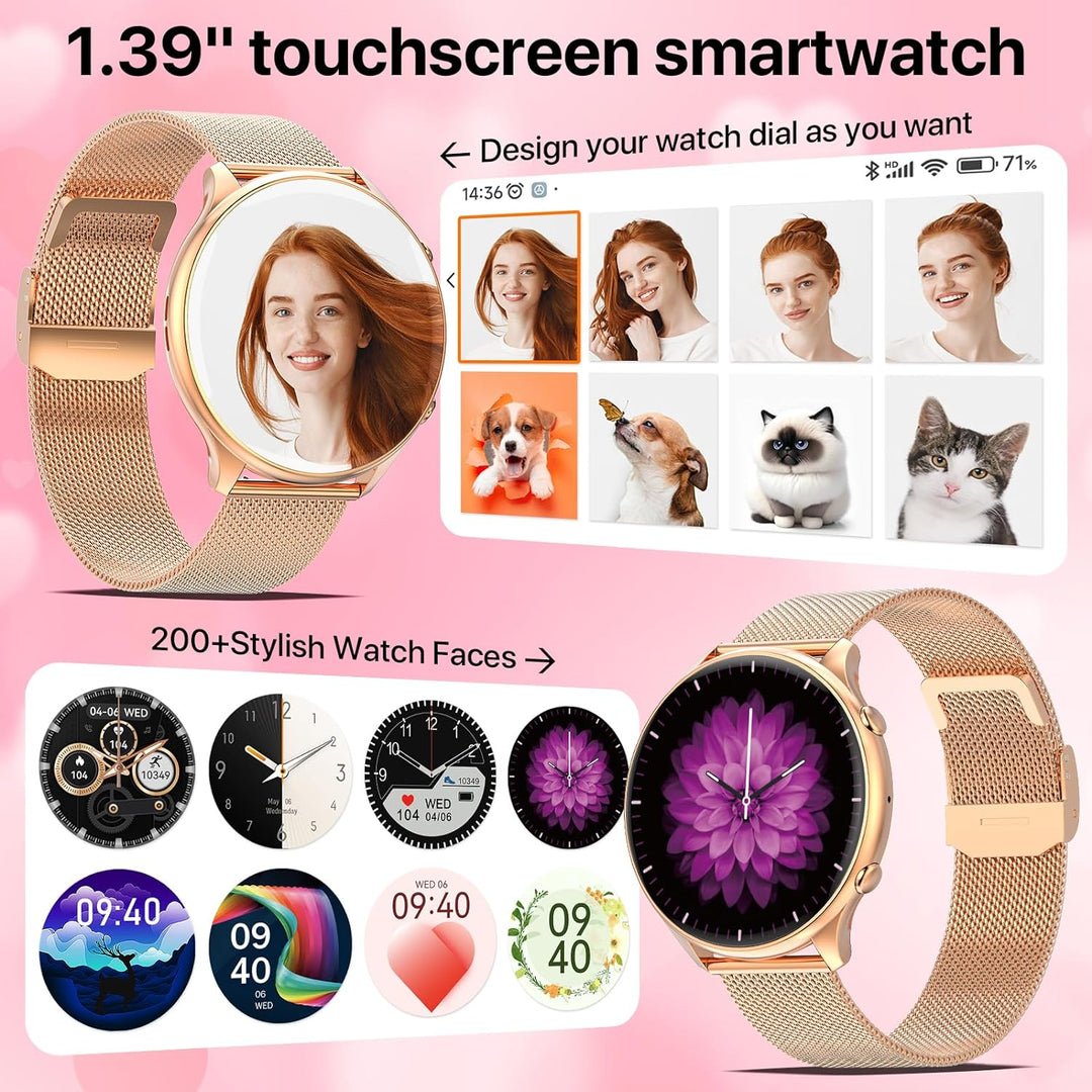 Nendefin Smartwatch Damen,1,39 Zoll runde Armbanduhr mit Telefonfunktion und Whatsapp Sprachassisten
