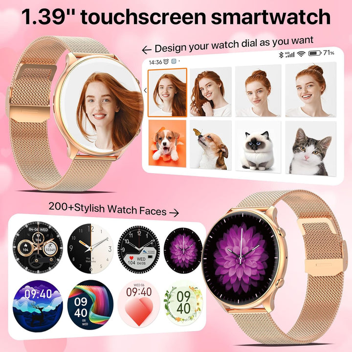 Nendefin Smartwatch Damen,1,39 Zoll runde Armbanduhr mit Telefonfunktion und Whatsapp Sprachassisten