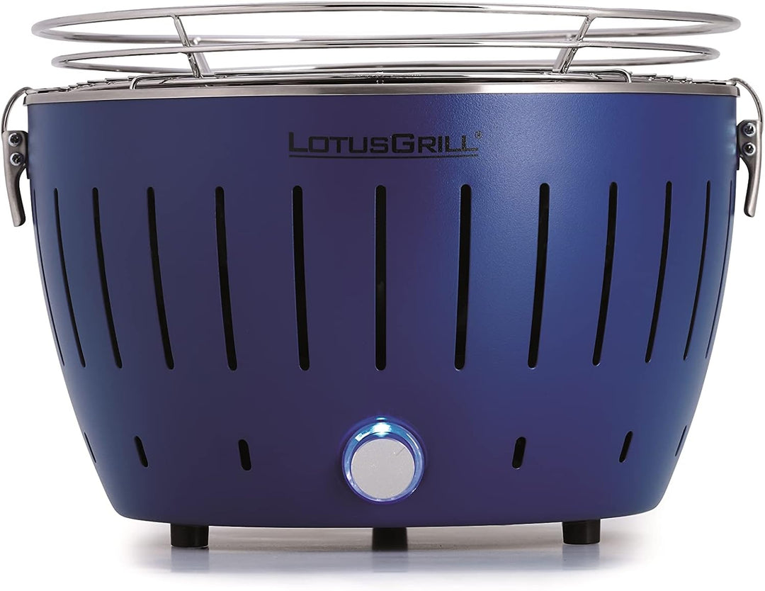 LotusGrill S Small Kompakt Starter-Set Tiefblau der raucharme Holzkohlegrill mit 2,5 kg Buchenholzko
