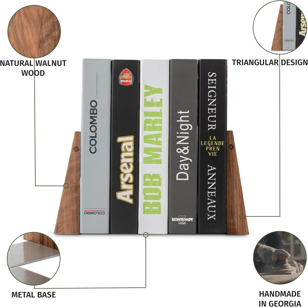 TILISMA Handgefertigte Walnuss Buchstützen für Regale-Bucherstützen aus Holz mit Metallbasis-Buchhal