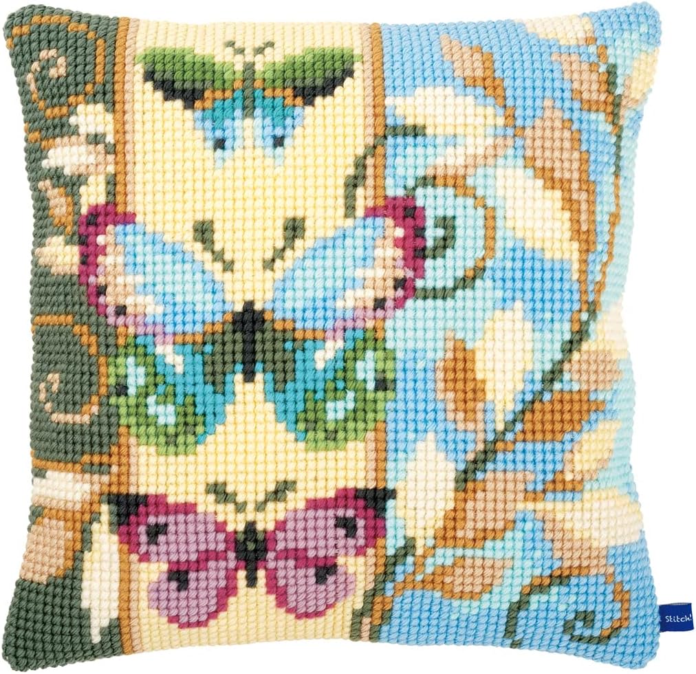 Vervaco Kreuzstichkissen 3 Schmetterlinge Kreuzstickpackung vorgedruckt, Stramin, weiss, 40 x 40 x 0