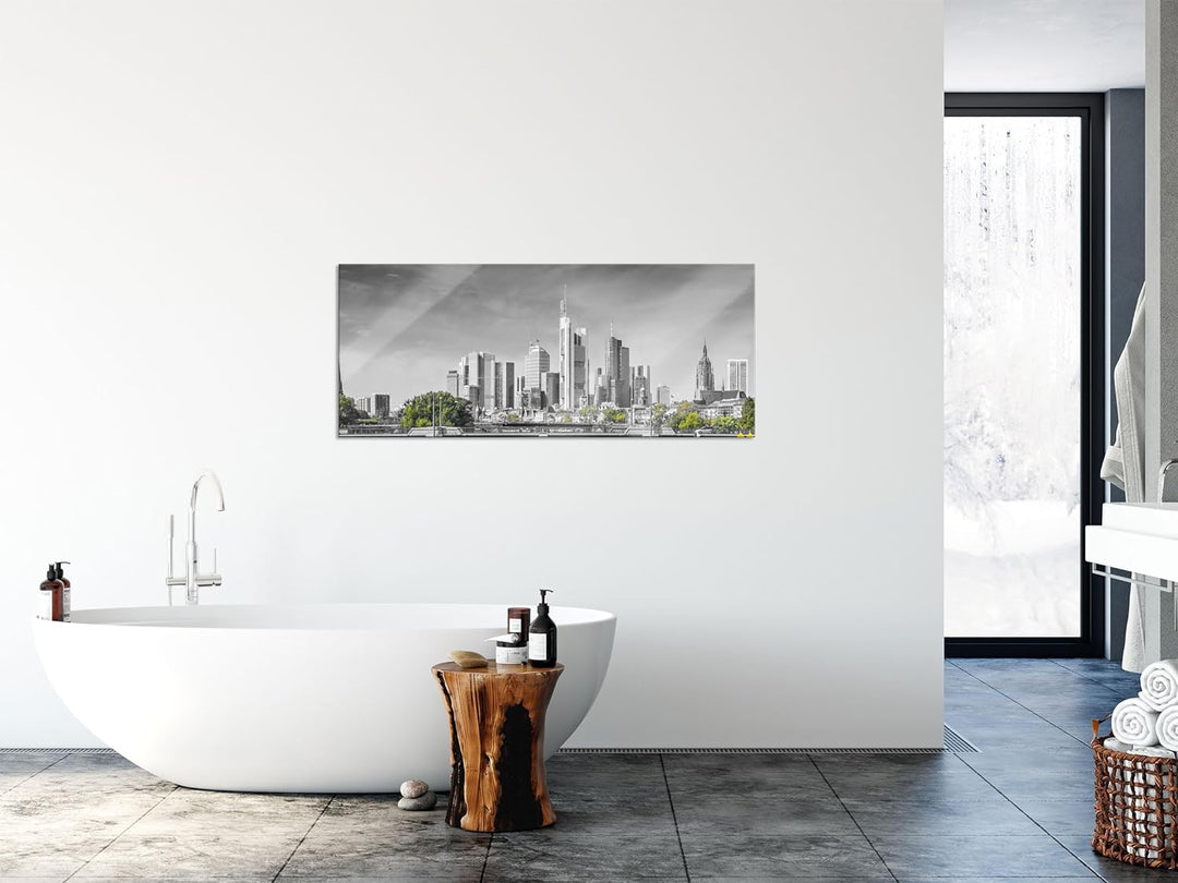 Glasbild Panorama | Wandbild aus Echtglas | Skyline von Frankfurt am Main | 100x40 cm | inkl. Aufhän