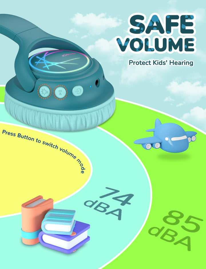 iClever Bluetooth kopfhörer Kinder mit LED-Leuchten, 74/85dBA Lautstärkebegrenzung, 43 Stunden Spiel