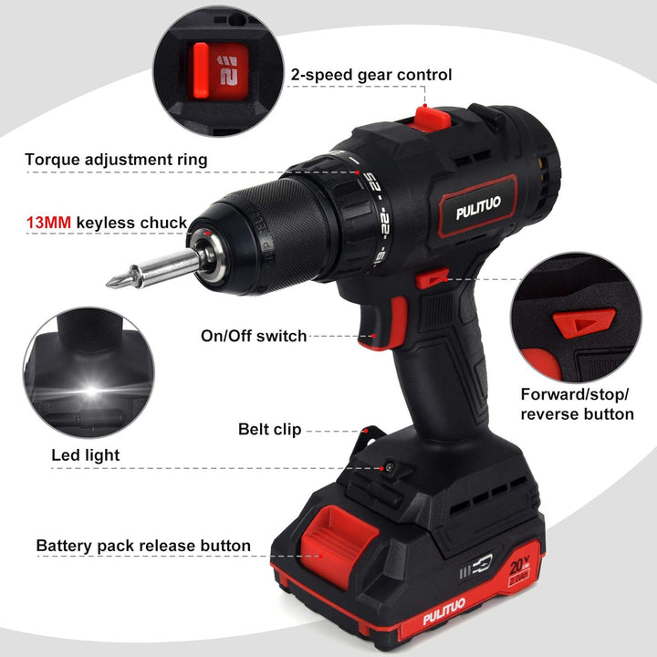 PULITUO Akku-Bohrschrauber mit Batterie, 20V bürstenlose Bohrmaschine, Bohrmaschine (60N · m, 25 + 1