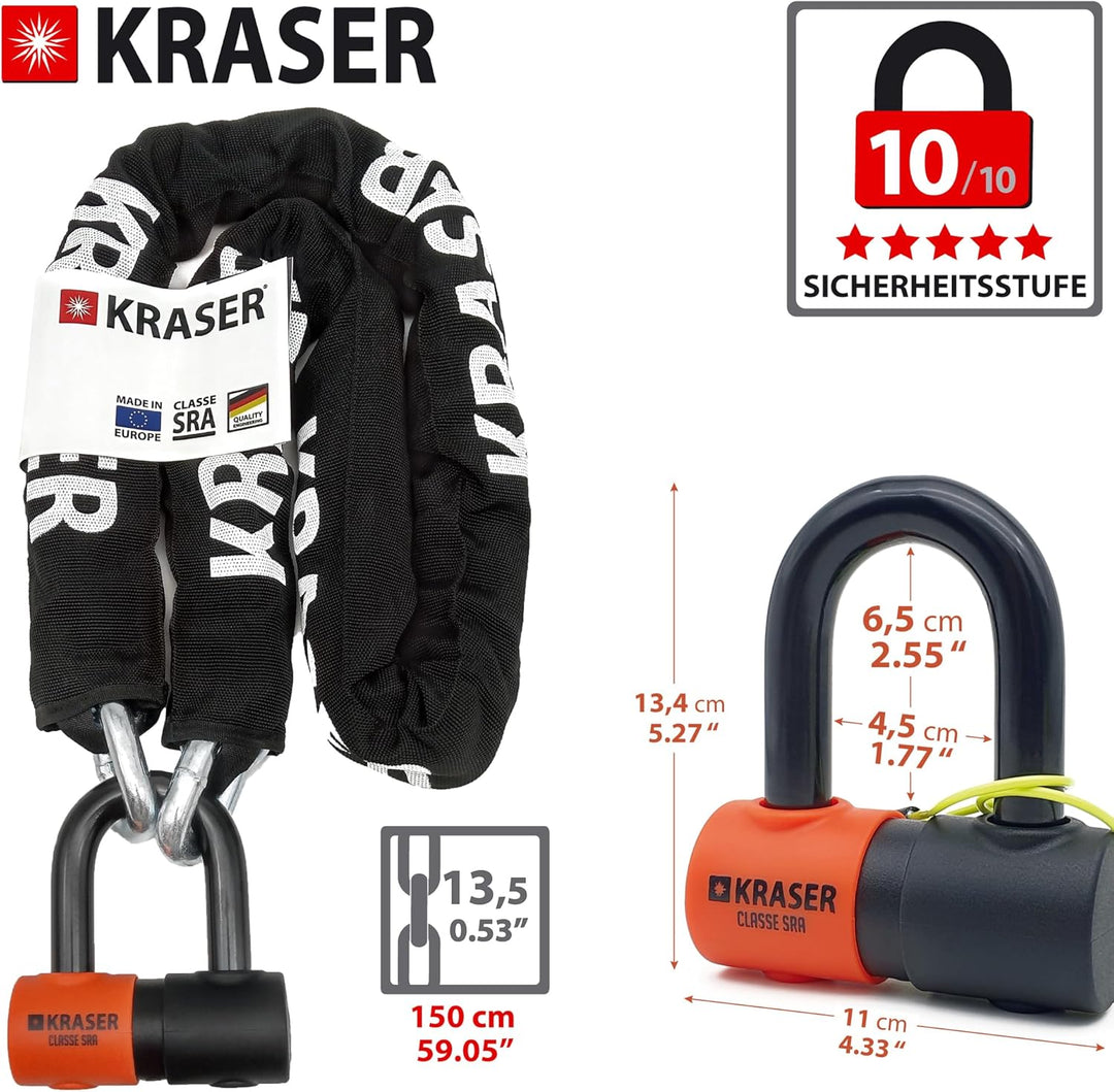 KRASER KR50150 Kettenschloss Schloss Motorrad-Scheibensperre gegen Diebstahl Mini U ø18 + Kette 150