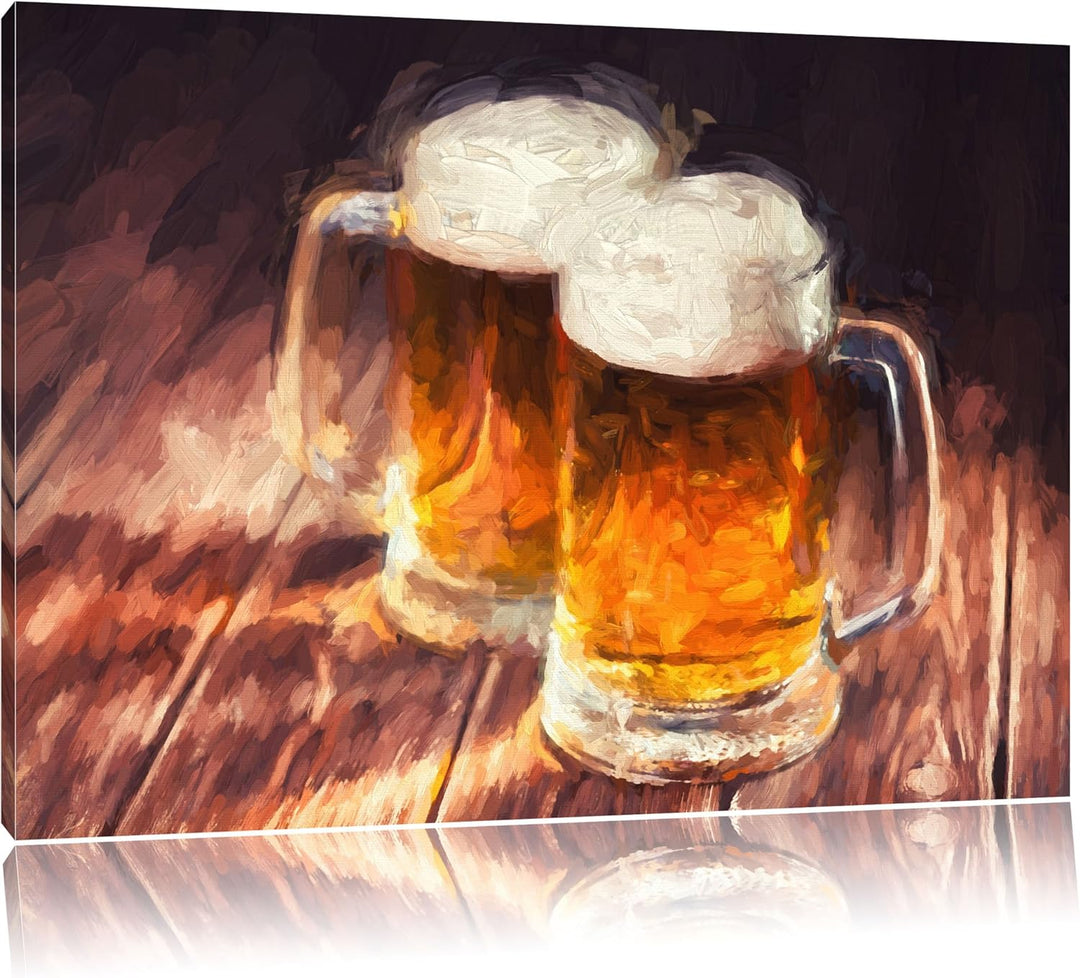 Pixxprint Zwei Masskrüge Bier Pinsel Effekt, Format: 100x70 auf Leinwand, 100x70