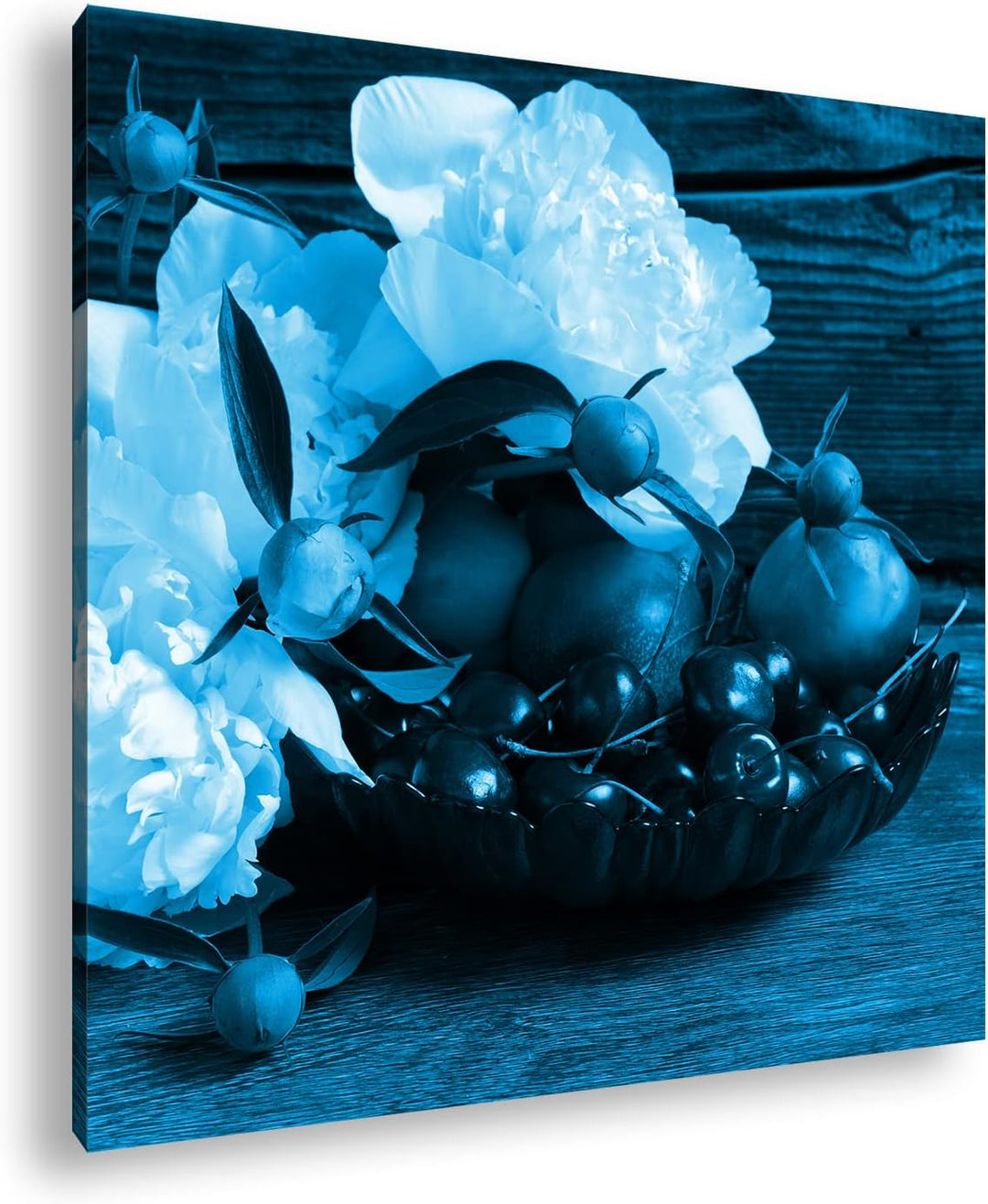 deyoli Pfingstrosen und eine Schalle mit Beeren Format: 70x70 Effekt: Monocrome Blau als Leinwandbil