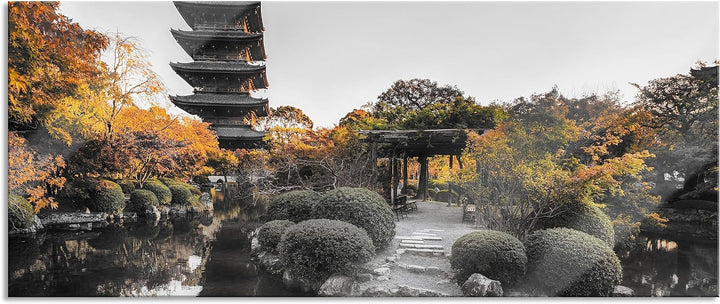 Glasbild Panorama | Wandbild aus Echtglas | See im Herbst vor japanischem Tempel B&W Detail | 100x40