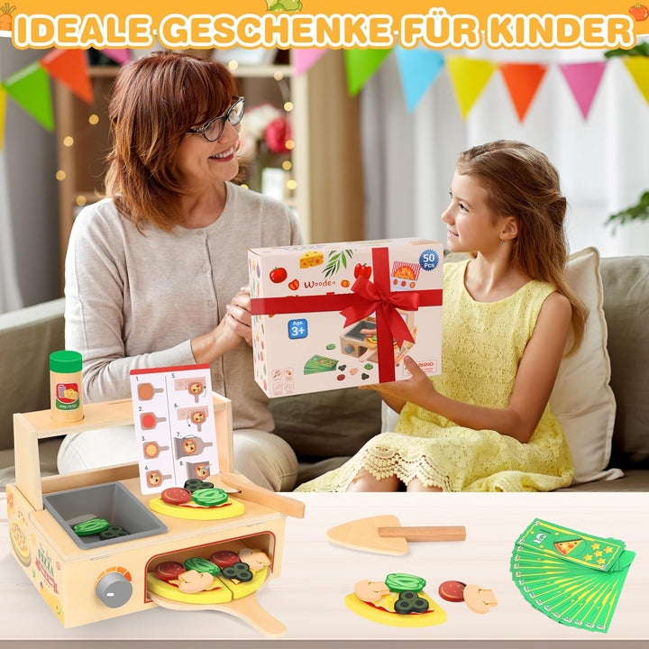 Charmofun Pizza Kinderküche Zubehör Holz, Kinderküche Zubehör Spielküche Pizza Set mit Pizzaofen Sch