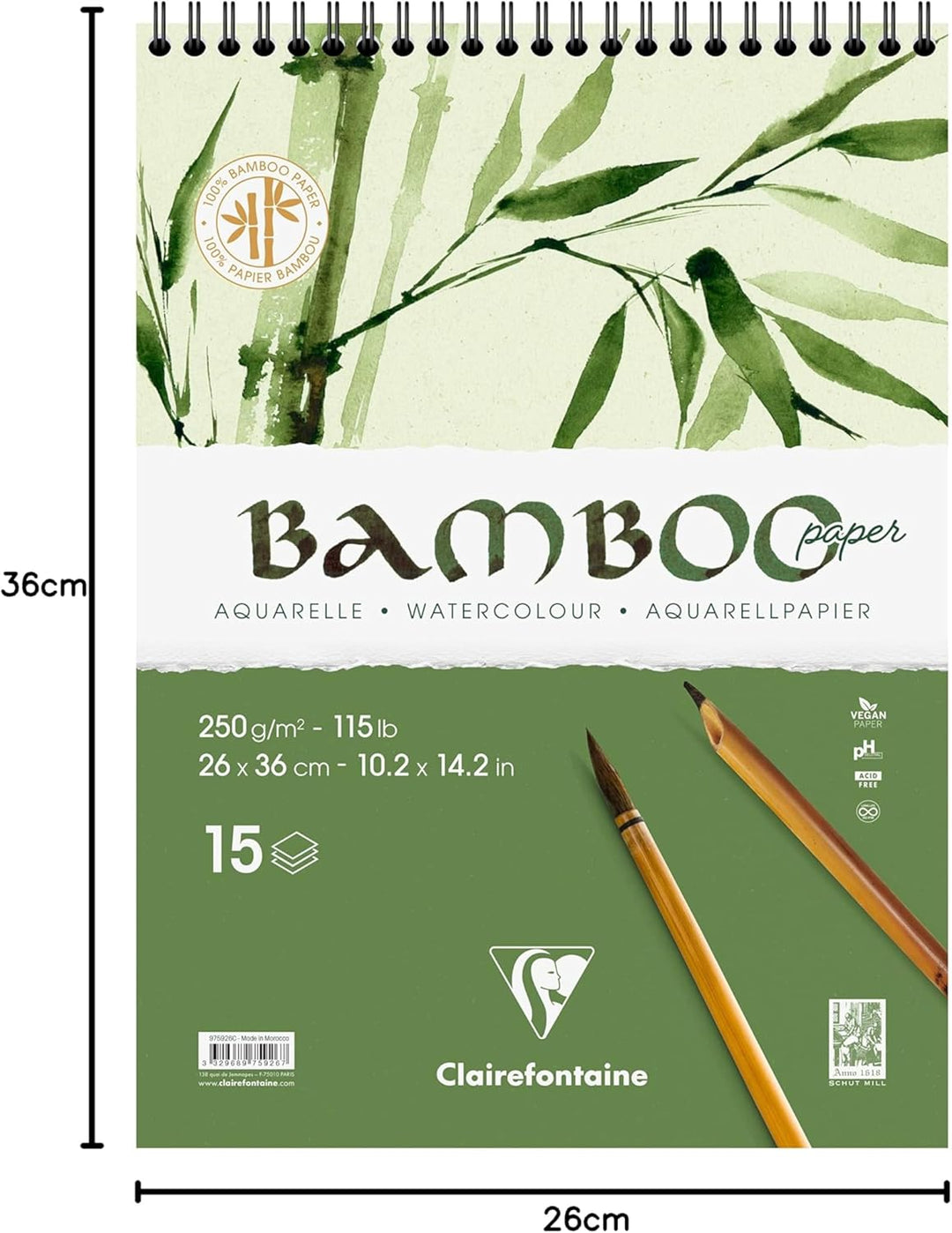 Clairefontaine 975926C - Spiralblock Bamboo Aquarelle, 15 Blatt Bambuspapier 250g, 26x36cm, 1 Block