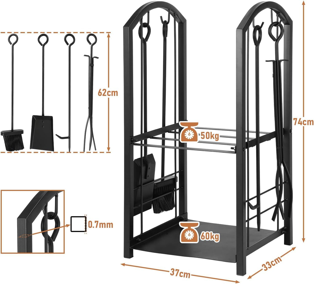Randaco kaminholzregal Innen und Aussen, mit Kaminbesteck, Metall Brennholzregal aussen, Holzunterst