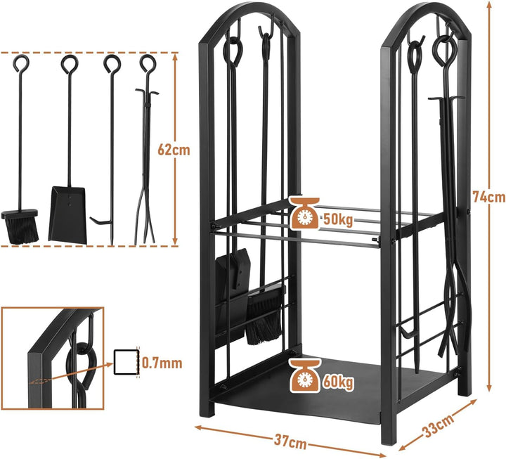 Randaco kaminholzregal Innen und Aussen, mit Kaminbesteck, Metall Brennholzregal aussen, Holzunterst
