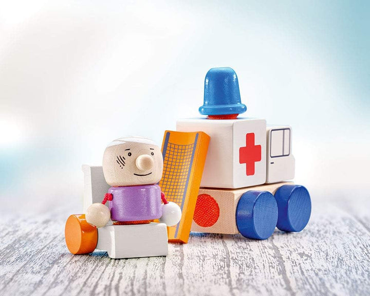 Selecta 62081 Krankenwagen, Flieger, Klett-Stapelspielzeug aus Holz, 7 Teile, Krankenwagen