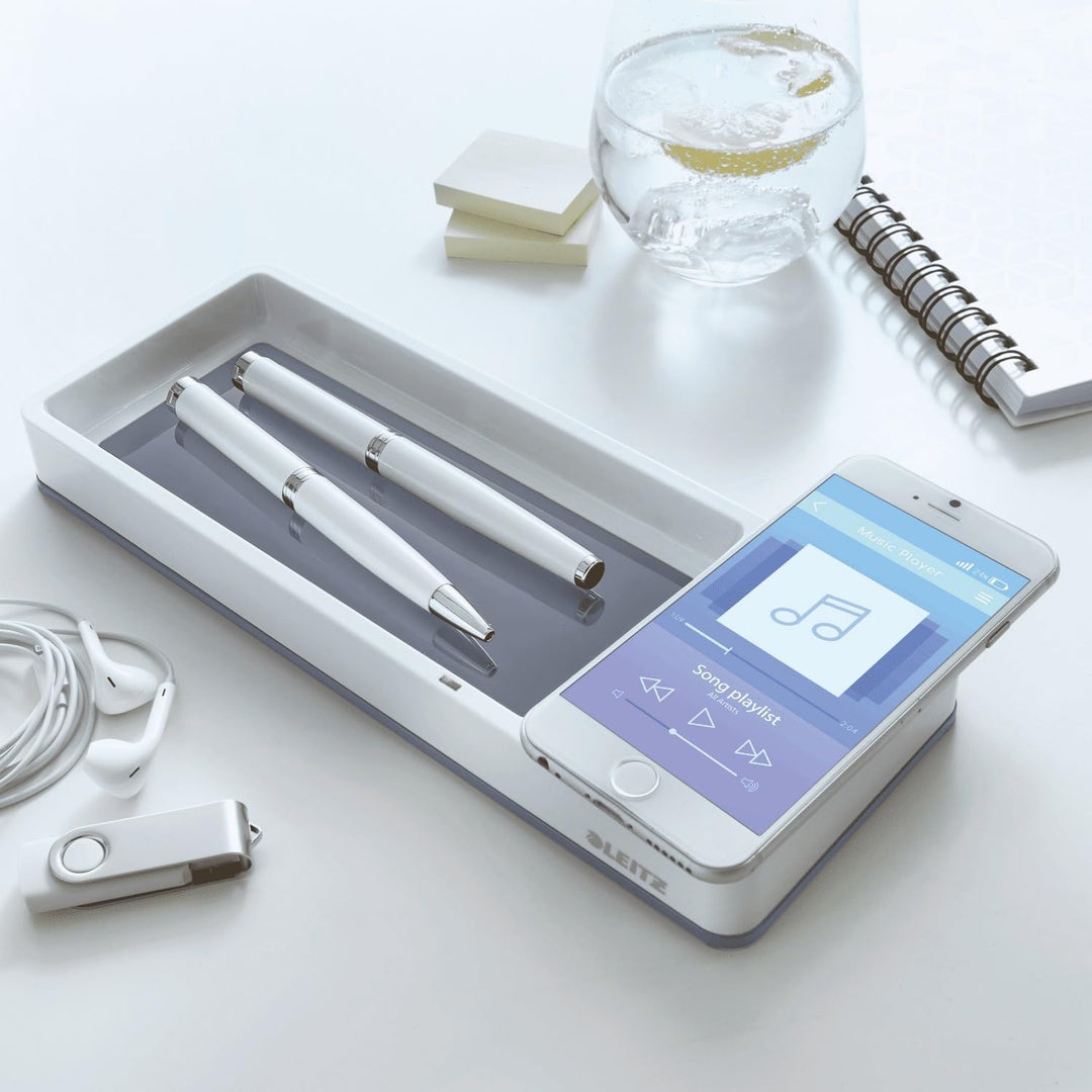 Leitz Stifteschale mit Qi-Induktionsladegerät, Zum kabellosen Laden von Smartphone, Weiss/Grau, Duo