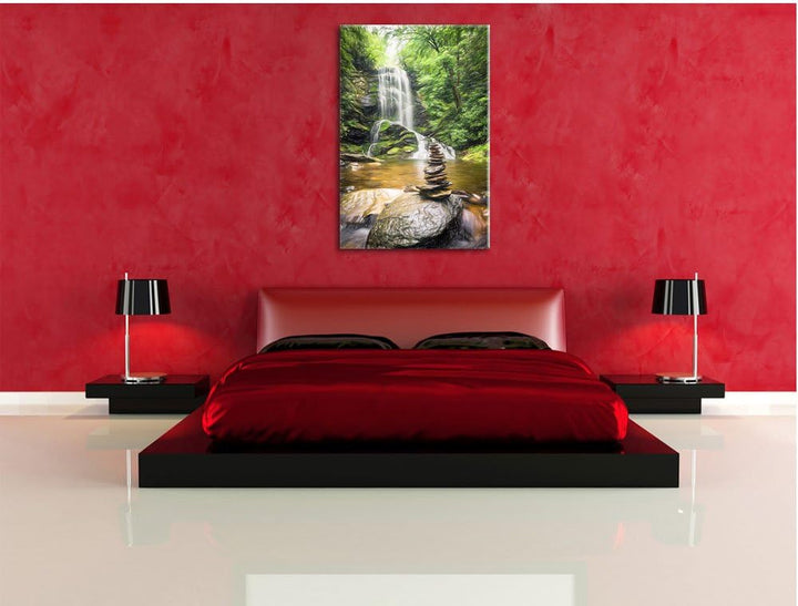 Pixxprint Zen Steine vor Wasserfall Kunst Buntstift Effekt, Format: 100x70 auf Leinwand, 100x70