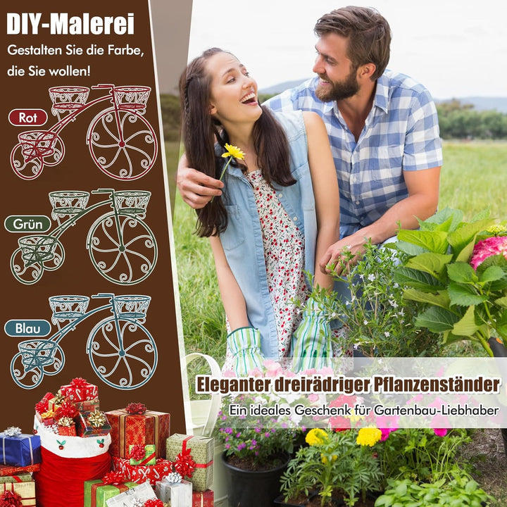 COSTWAY Pflanzenständer Metall, Fahrrad-Design, Blumenregal mit 3 Körben, Blumenständer mit dekorati