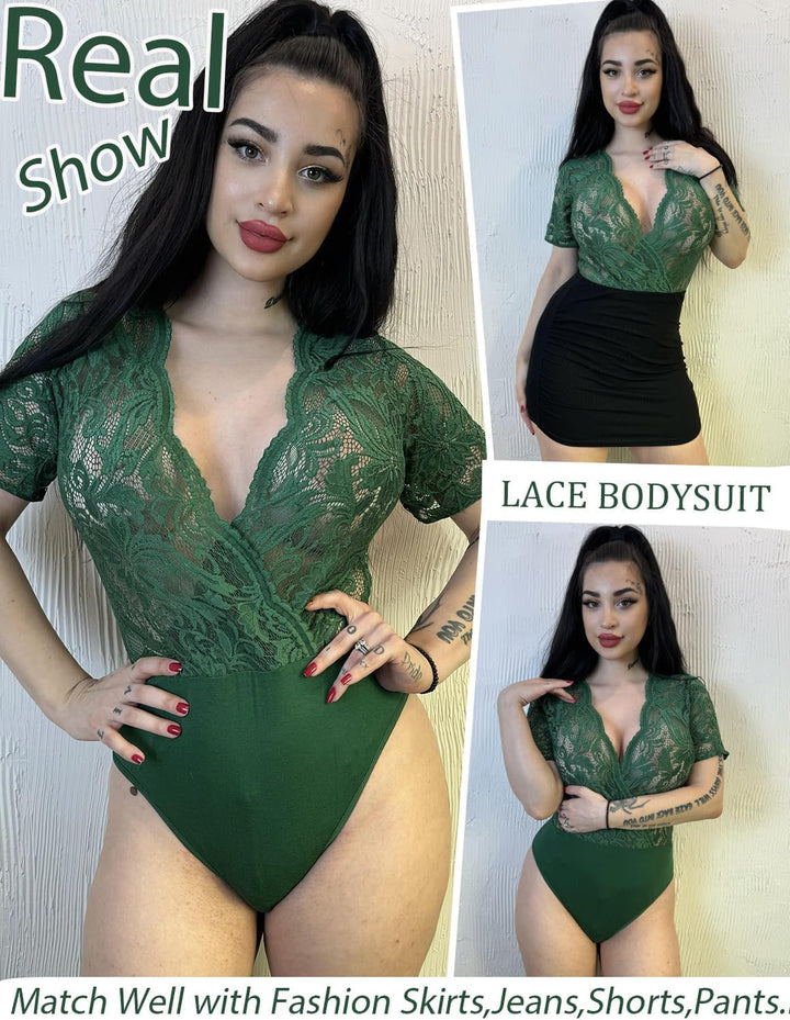 Avidlove Damen Lace Body Sexy Kurzarm Bodysuit Bluse V Ausschnitt Mesh Tops Elegante Oberteile Mit S