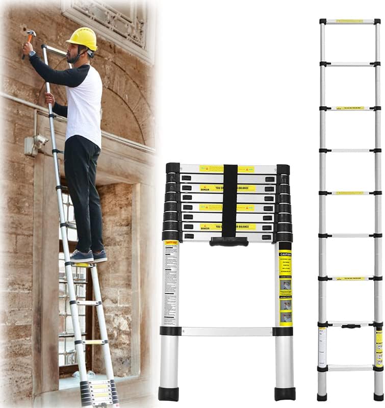 Randaco Aluminium Teleskopleiter, 2,6M Rutschfester Aluleiter Schiebeleiter Sprossenleiter, Ausziehl