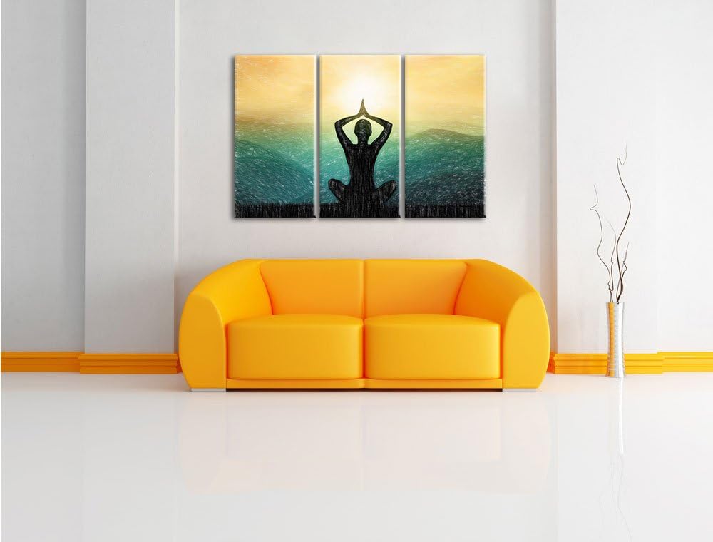 Pixxprint Yoga und Meditation in den Bergen Kunst Buntstift Effekt 3-Teiler Leinwandbild 120x80 Bild