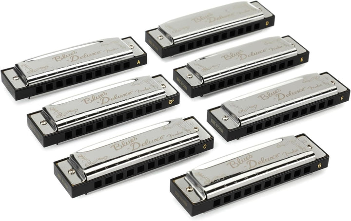 Fender Blues Deluxe Mundharmonika, 7er-Pack, mit Etui Einzelbett, Einzelbett
