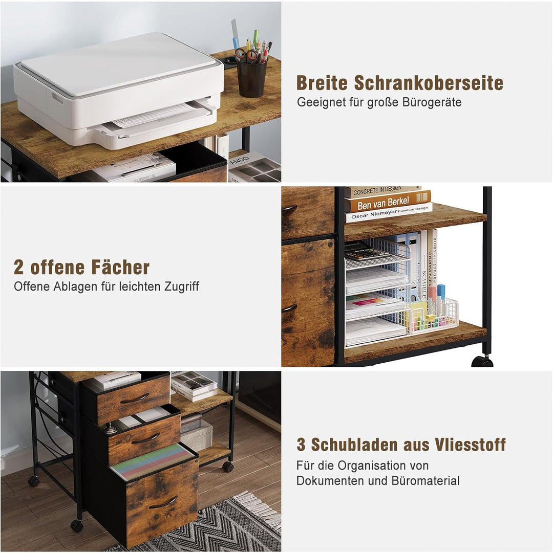 WOLTU Aktenschrank mit Ladestation, Rollcontainer mit Schubladen, Büroschrank, Druckertisch mit Roll