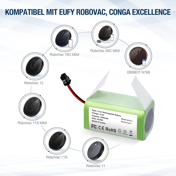 14,4V 3500mAh Li-Ion Ersatzakku Ersatzteile Kompatibel für Conga Excellence 990,950,1090 und Eufy Ro