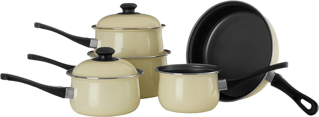 5pc Cream Bauch Pfanne Set, Antihaft-Kohlenstoffstahl, Bakelit Griffe Naturweiss, Naturweiss