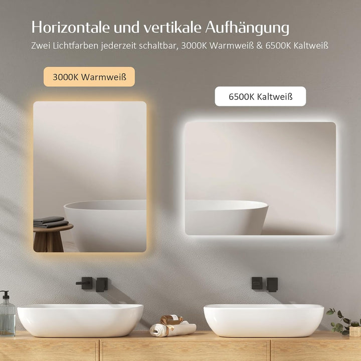 EMKE Badspiegel mit Beleuchtung 45x60cm, Wandspiegel mit Beschlagfrei und 2 Lichtfarbe Warmweiss/Kal