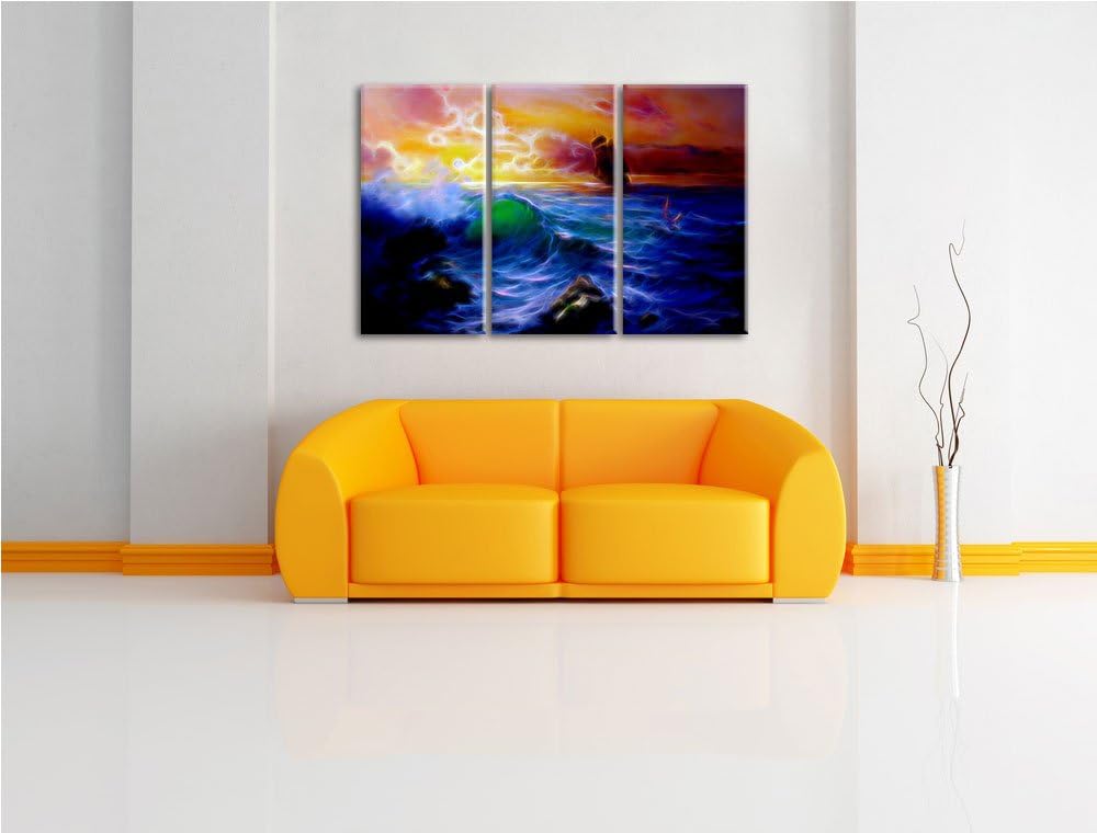 Dark Sturm über dem Meer Kunst Spezial 3-Teiler Leinwandbild 120x80 Bild auf Leinwand, XXL riesige B