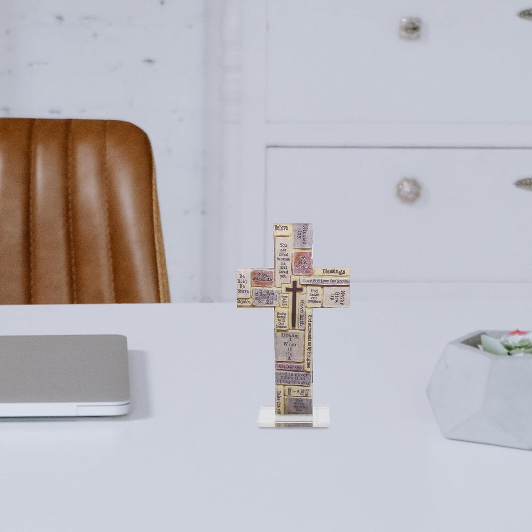 HOMSFOU Acryl Kreuz Figur Tischdeko Kruzifix Stehend Kinderkreuz Stehkreuz Tischkreuz Standkreuz Mot