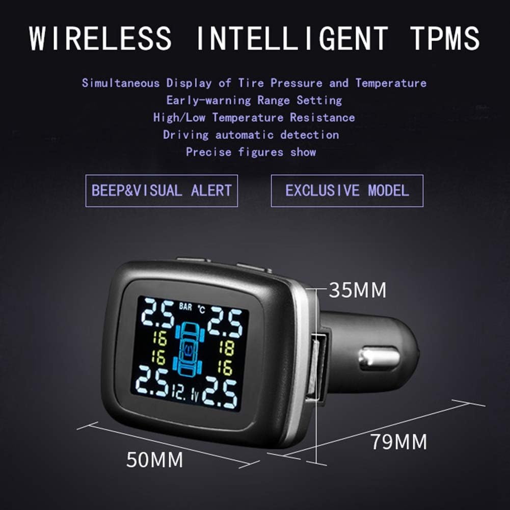 Terisass TPMS DC 12V Auto 433,92 MHz Reifendruckkontrollsystem Zigarettenanzünder-Display mit 4-TLG.