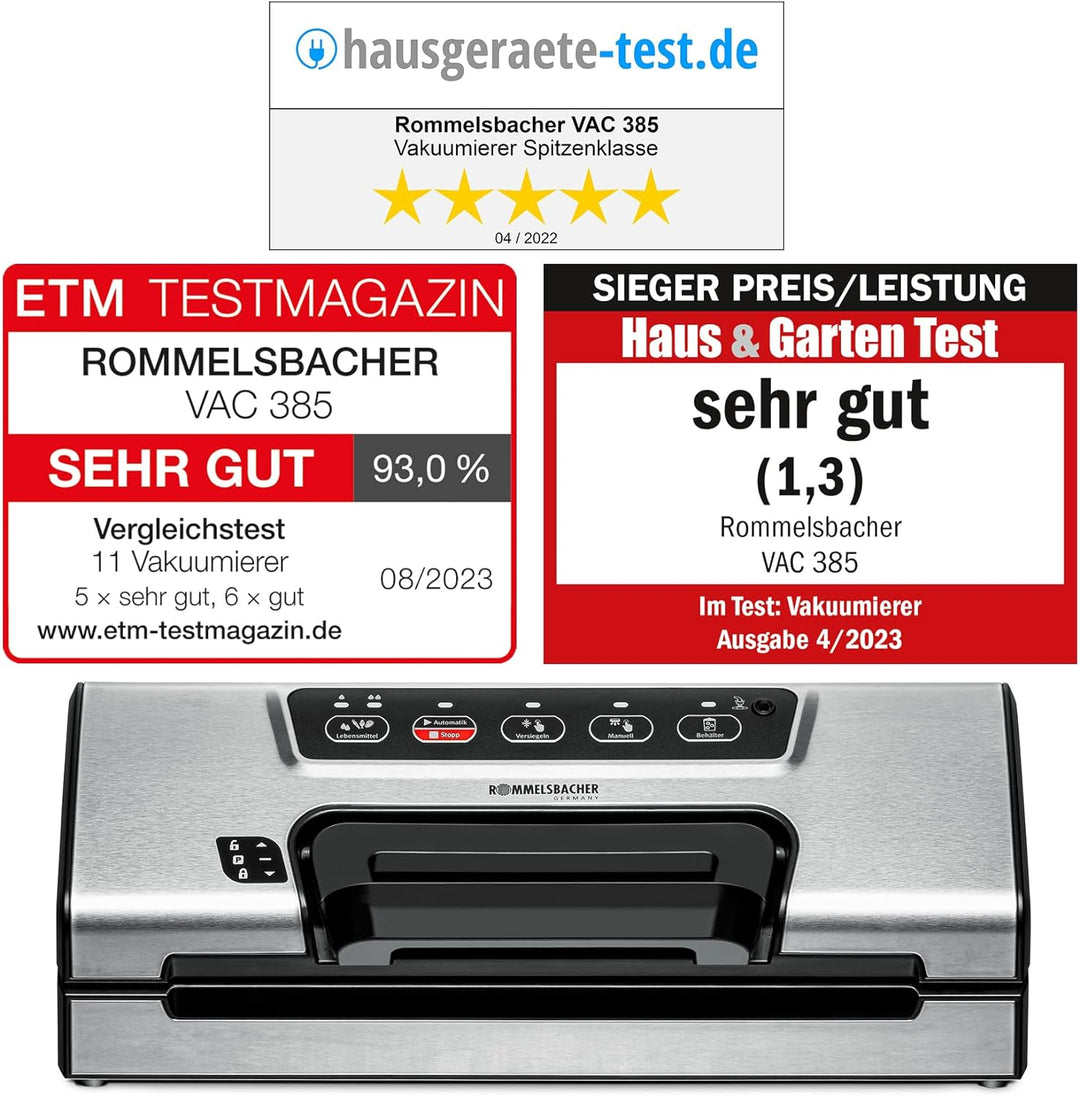 Rommelsbacher Vakuumierer VAC 385 - 12 Liter/Minute, Einhandbedienung, Rollenfach, stabile Versiegel