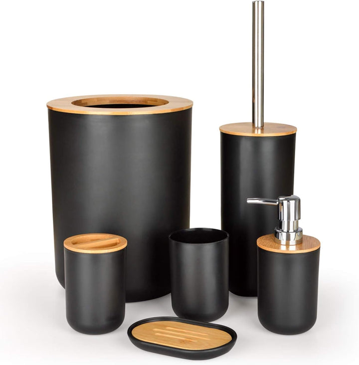 Badezimmer-Zubehör-Set aus Bambus, Waschraum-Zubehör-Set, Lotion-Flaschen, Zahnbürstenhalter, Zahnbe