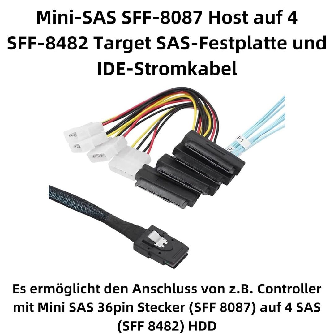 Bolwins P47CS Mini SAS 36-Pin Stecker (SFF-8087) auf 4x 29-Pin SFF-8482 & 4-Pin Molex IDE-Stromkabel