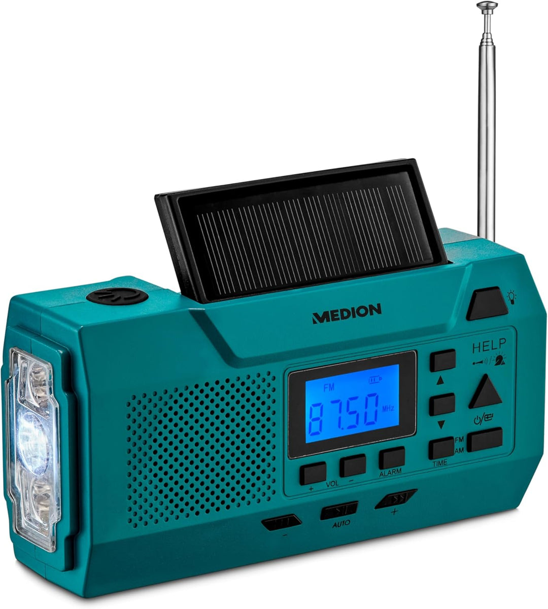 MEDION E66806 Kurbelradio (Solar, Dynamo Handkurbel, Baustellenradio, UKW Radio, Taschenlampe, SOS N