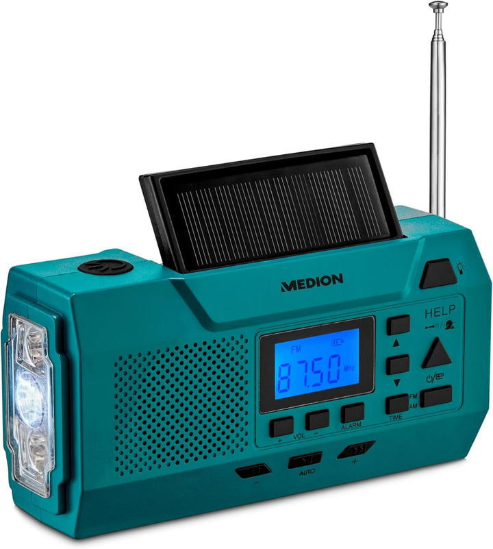 MEDION E66806 Kurbelradio (Solar, Dynamo Handkurbel, Baustellenradio, UKW Radio, Taschenlampe, SOS N