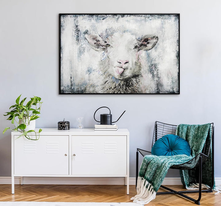 YS-Art XXL Abstrakt Acryl Gemälde auf Leinwand glückliches Schaf handgemalt Wandbilder Wohnzimmer Mo