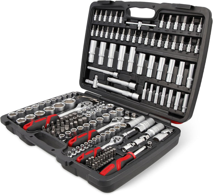 STIER Steckschlüssel Satz, 179-teilig, 1/2 Zoll 1/4 Zoll & 3/8 Zoll Umschaltknarre, Sechskant-Stecks