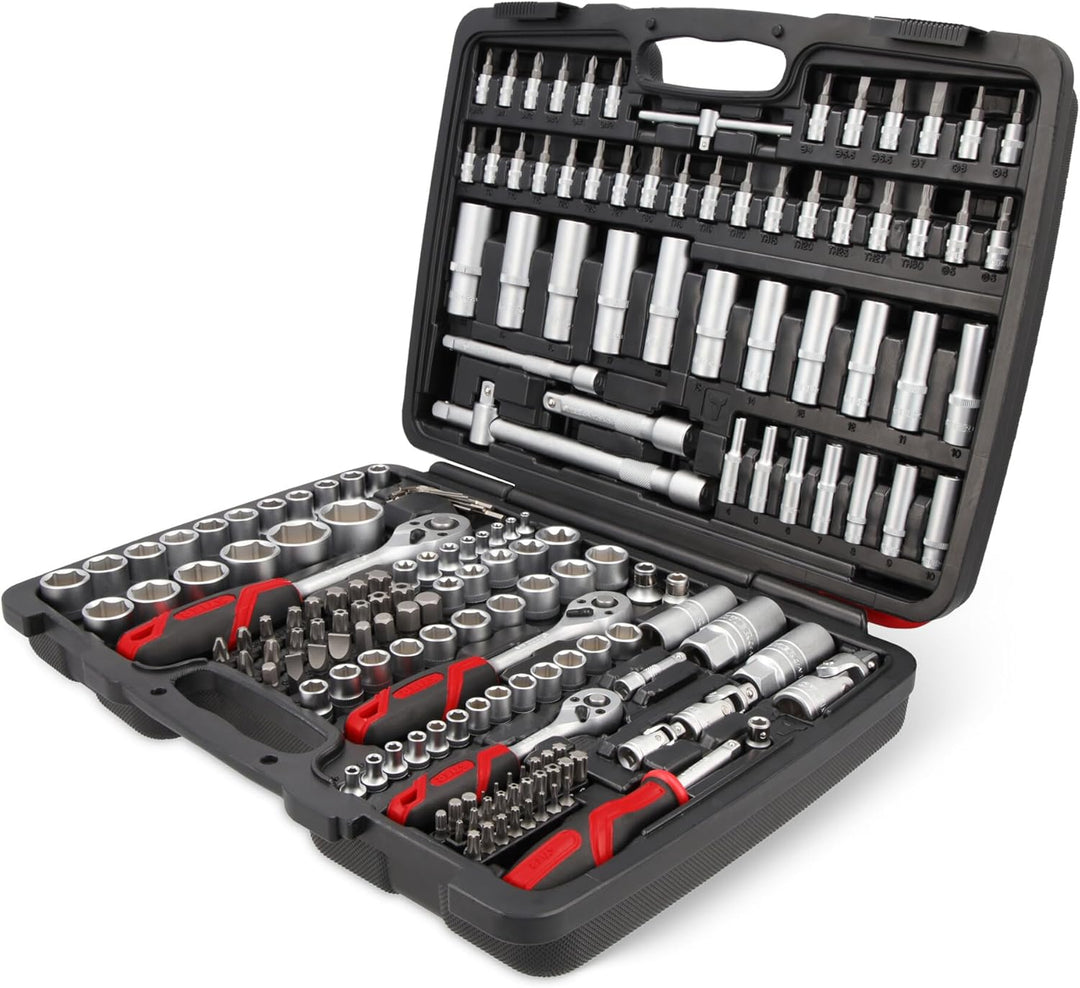 STIER Steckschlüssel Satz, 179-teilig, 1/2 Zoll 1/4 Zoll & 3/8 Zoll Umschaltknarre, Sechskant-Stecks