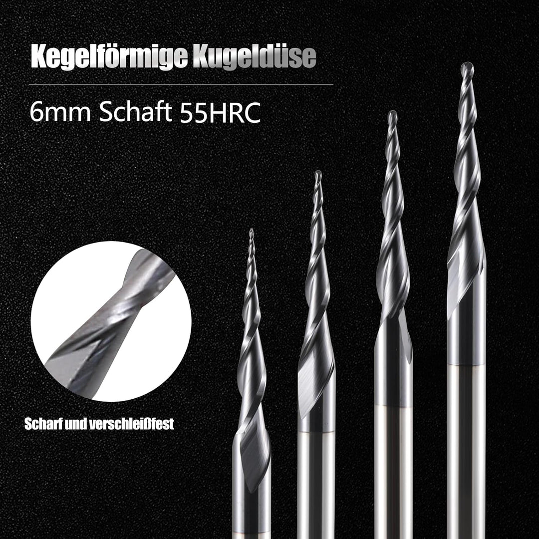 HOZLY Kugelkopffräser Konische CNC Fräser Kugelfräser 2 Stück, R0.25 Spiralnutfräser Bit 6mm Schaft