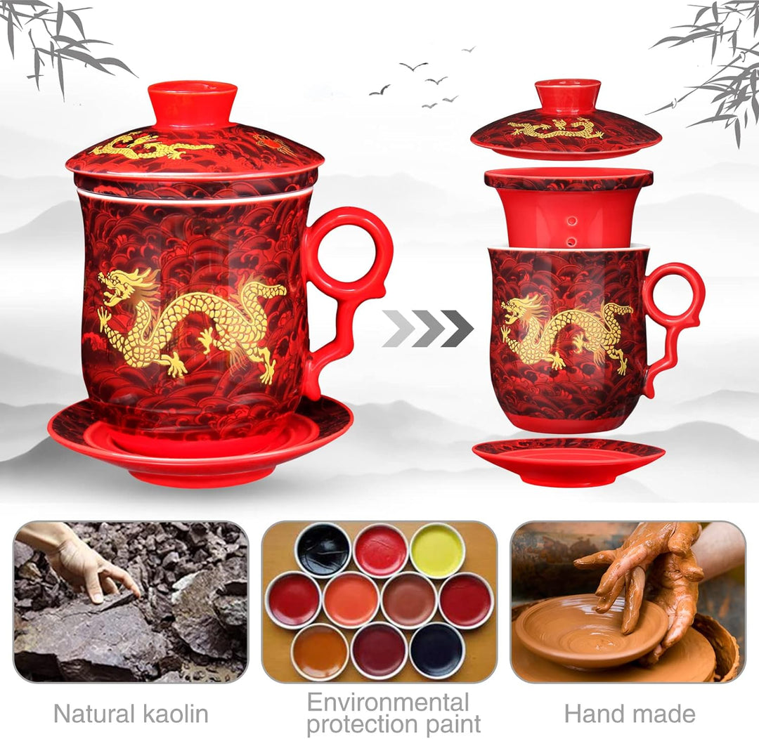 YURROAD Teetasse Mit Teesieb Deckel Und Untertasse Chinesisches Drachenmuster Aus Chinesischem Porze