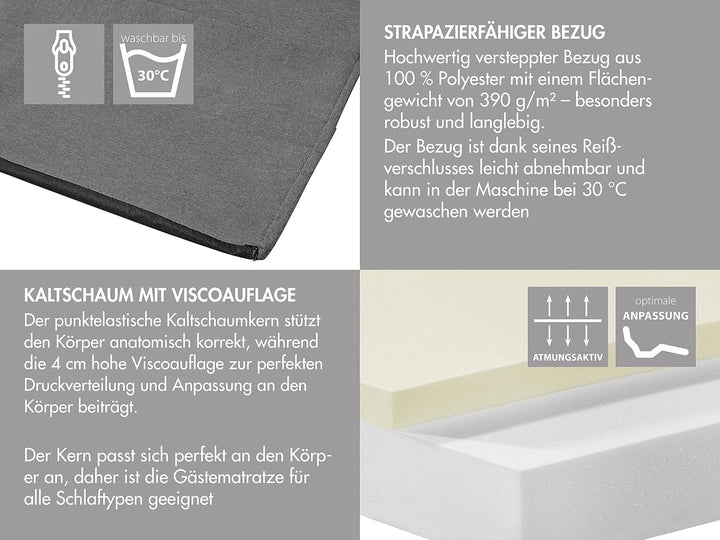 Traumnacht Gästematratze de Luxe mit hochwertiger Viscoauflage und moderner Husse, 75 x 195 x 14 cm,