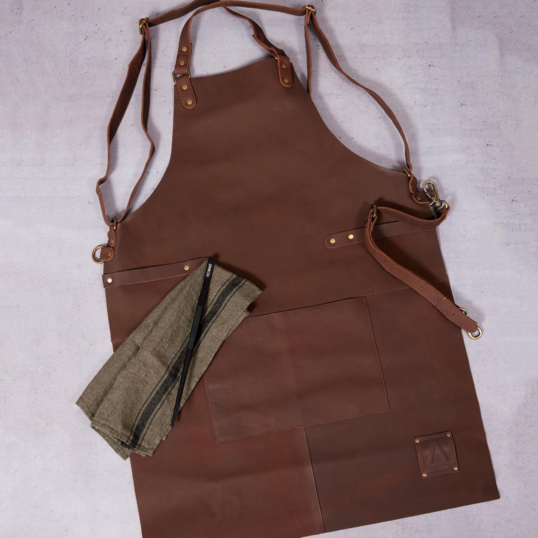 REDSALT® Premium Lederschürze 100% Büffel Leder 84x62cm Crossback braun | Profi BBQ Grillschürze | A